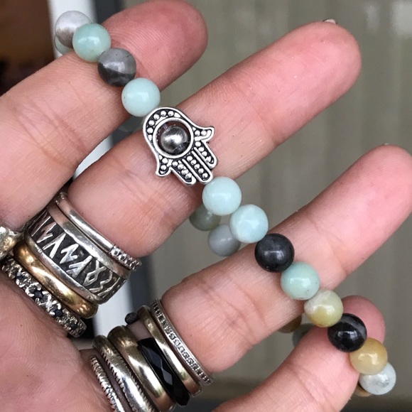 Genuine Amazonite silver hamsa bead boho bracelet - Picture 3 of 9